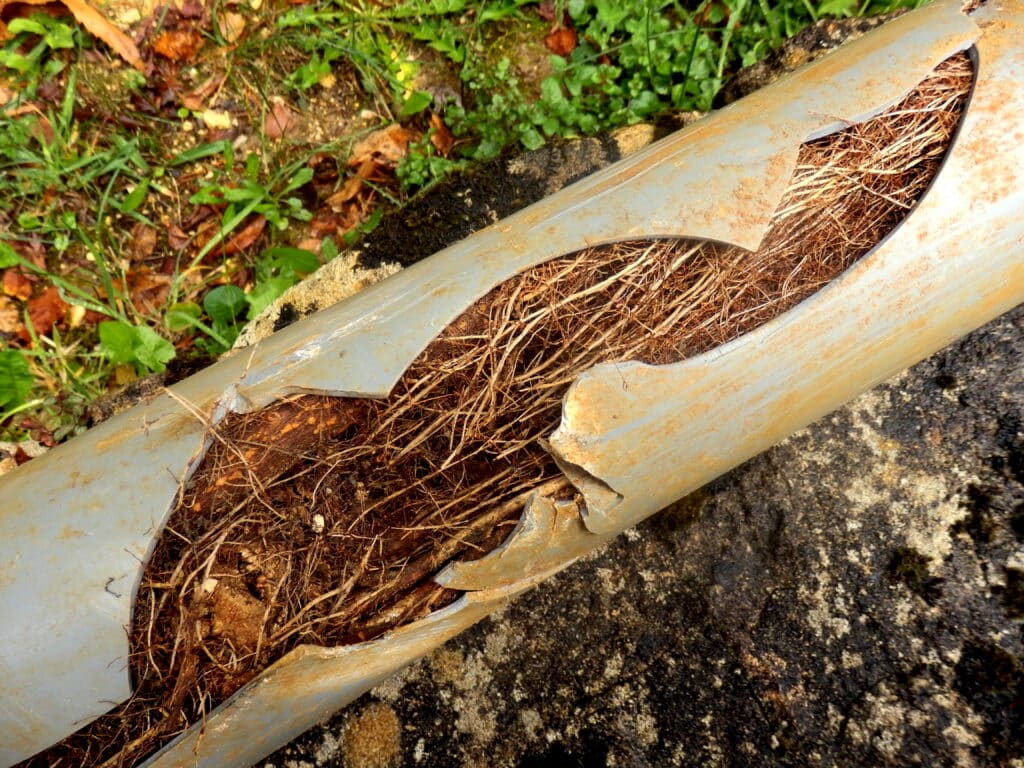 Split drainage pipe caused by ingress of roots