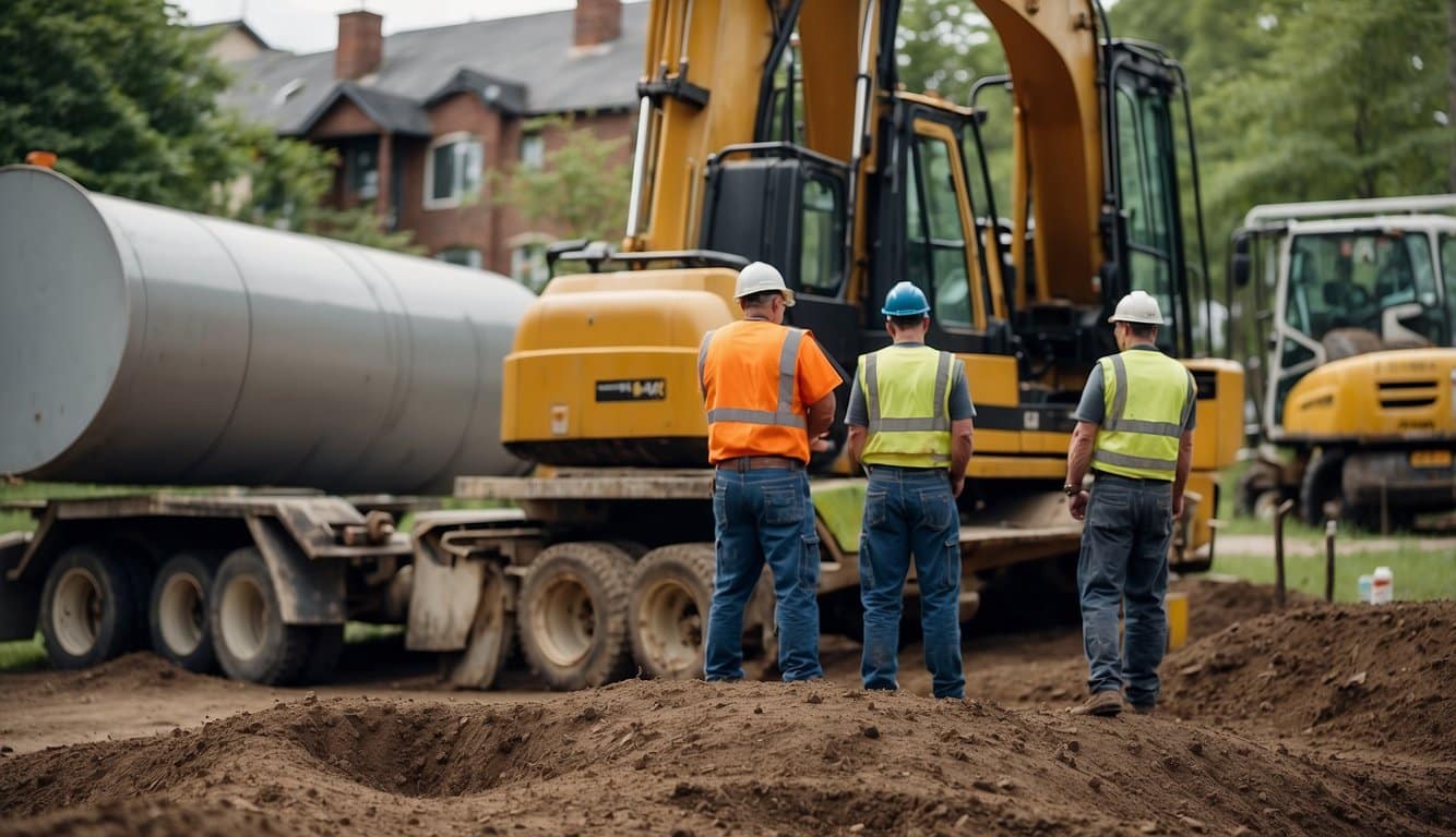 A team of workers installs a septic tank in a residential yard. Heavy machinery and tools are scattered around the site