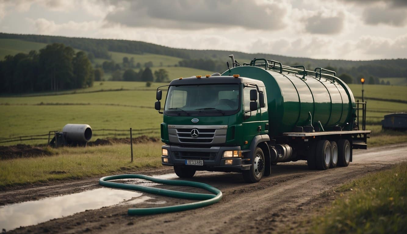 A septic tank being pumped by a truck with a hose inserted into the tank, surrounded by a rural landscape