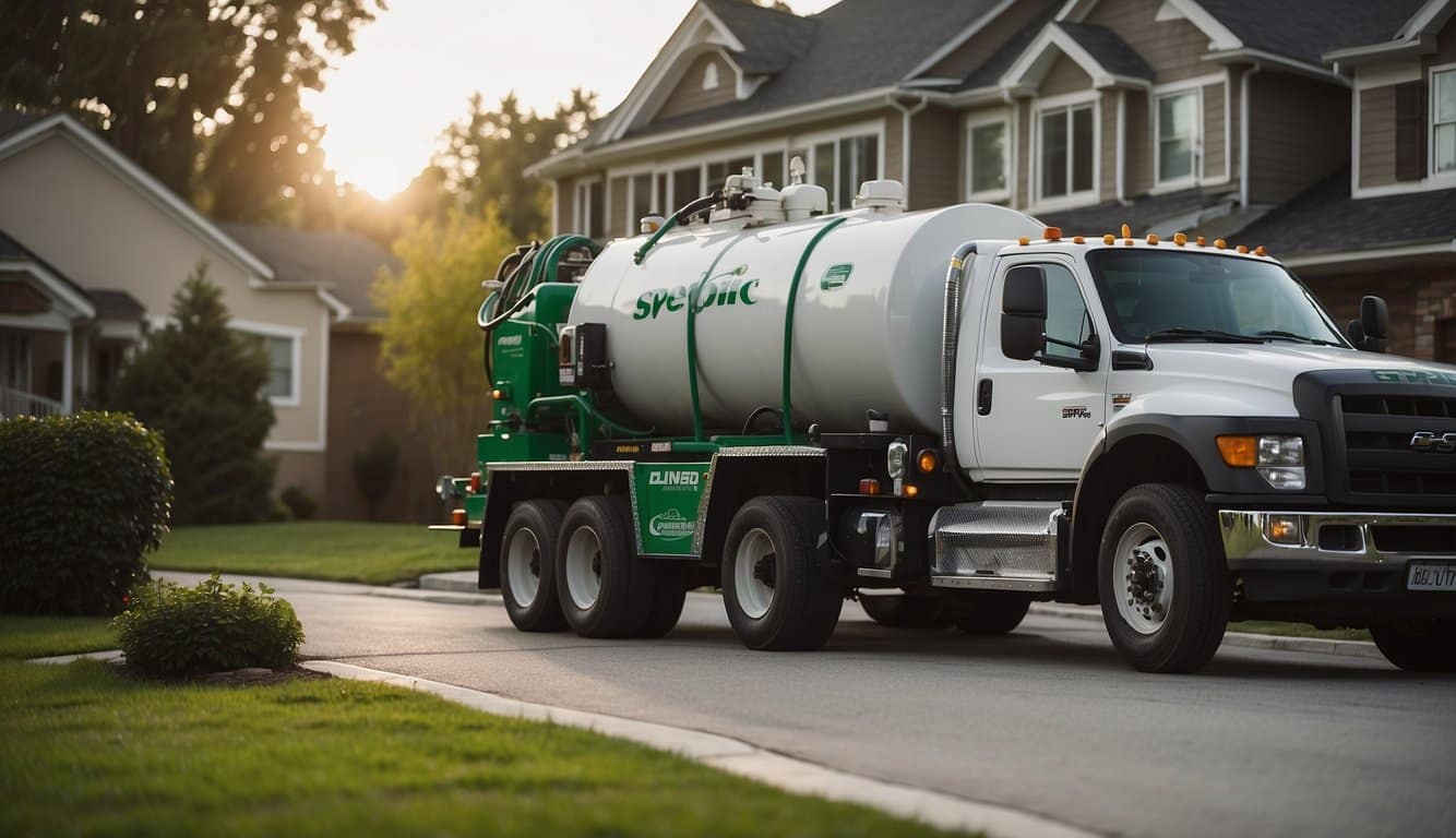 A septic tank pump truck parked next to a residential property. A hose extended from the truck into the ground, with a technician operating the pump