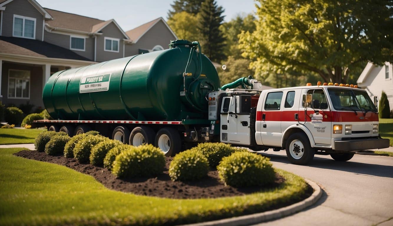 A septic tank being pumped with a vacuum truck, surrounded by a well-maintained yard and a sign displaying the cost of the service